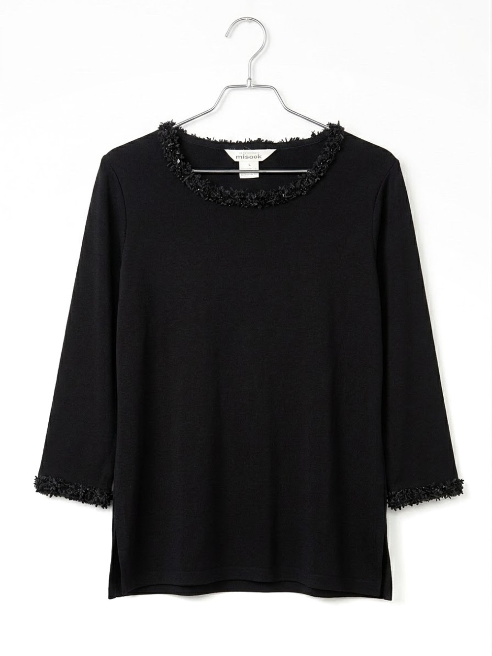 MISOOK Black 3/4 Sleeve Top Textured Sequined Fringed Trim Knit Blouse - Large